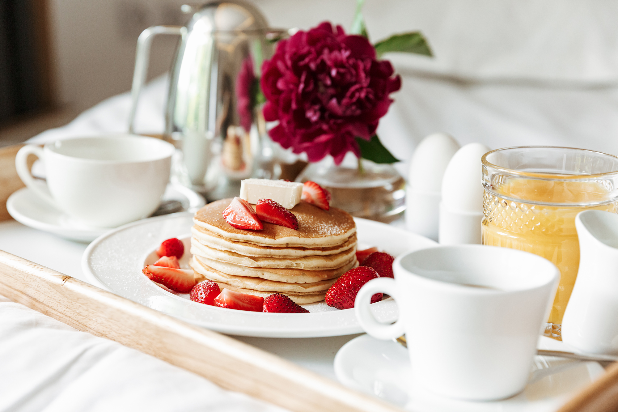 Breakfast In Bed With White Linen Pancakes Boile 2025 02 15 01 18 29 Utc